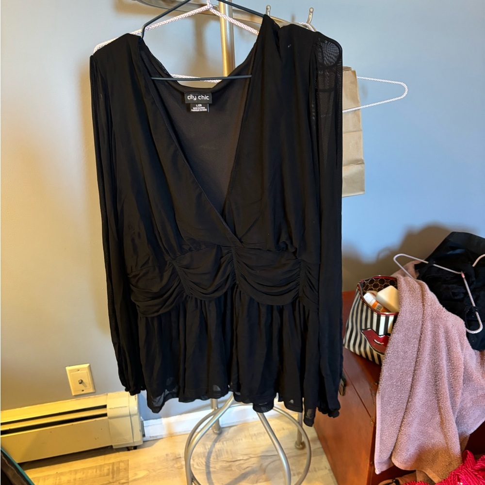 City Chic Sheer arms and black peplum top